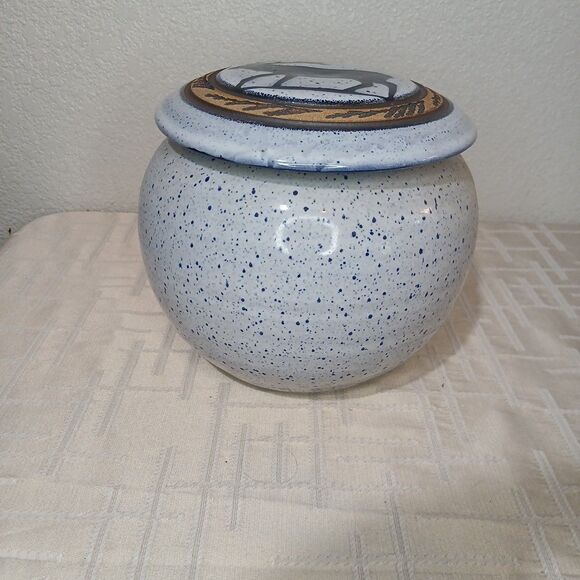 Asian Splatter Pottery Blue White Elk LidPot Jar Crock 7" Primitive Rustic Decor - Picture 2 of 7